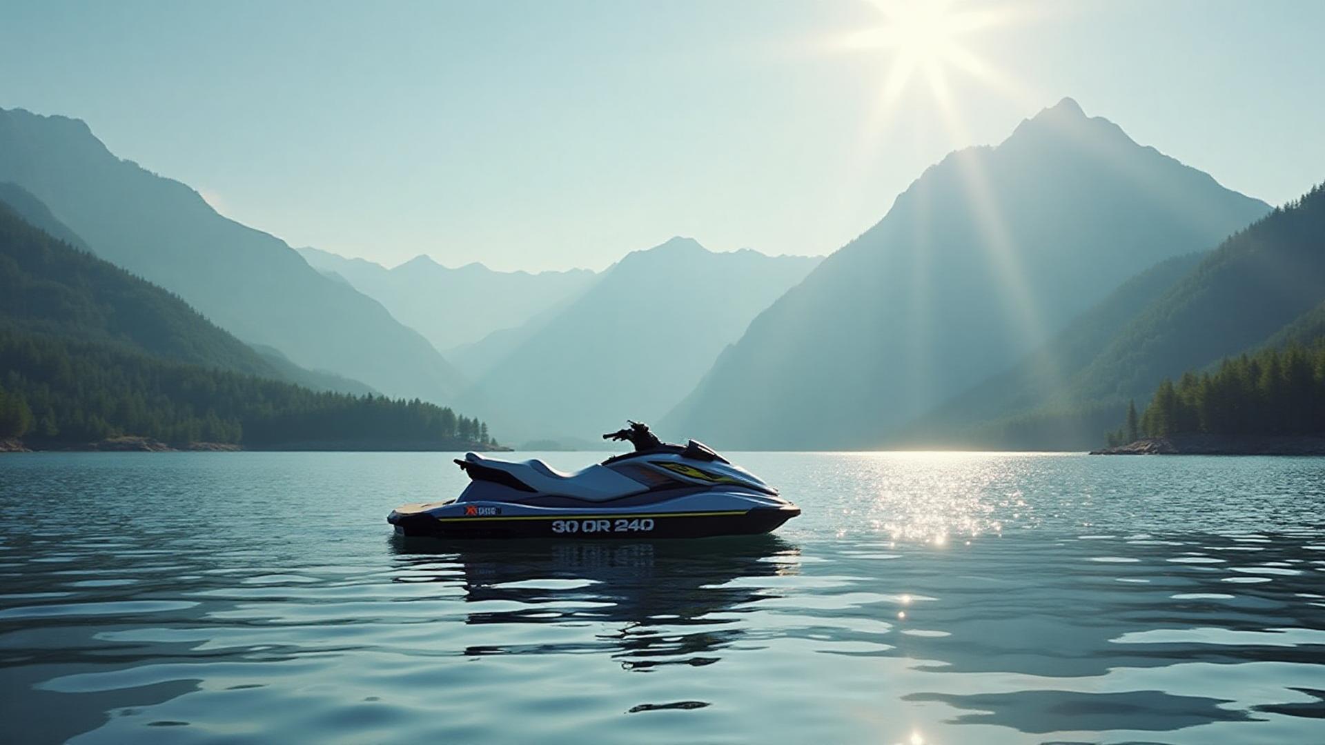 Jet ski parado em lago cercado de montanhas, representando o curso de arrais amador e motonauta